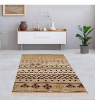 Kilim Desenli Etnik Dijital Baskı Yıkanabilir Kaymaz Taban Eskitme Salon Halı ve Yolluk (Açık Kahverengi)