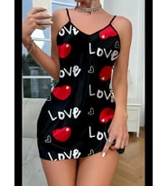 Fantezia Night Love Desenli Siyah Saten Gecelik