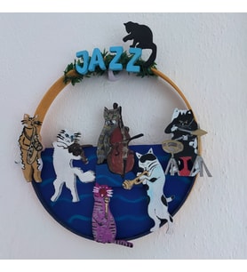 Caz Müzik  Kedi Orkestrası Ahşap Duvar Dekoru El Yapımı