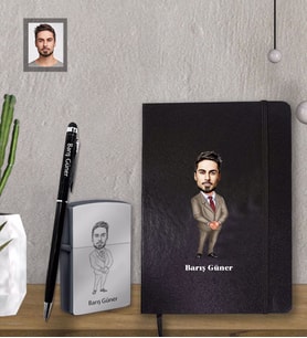 Kişiye Özel Öğretmen Karikatürlü  Siyah Defter Kalem Çakmak Hediye Seti  Bay-17 (Model 1)
