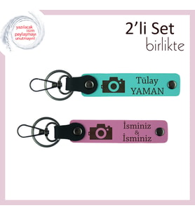 Deklanşör Aşıkları İçin Hediye, Kamera Temalı, Kişisel 2’li Anahtarlık Seti, Turkuaz-Pembe