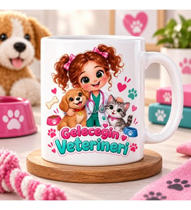 Geleceğin Veterineri Kız Çocuk Baskılı Kupa – Kedi Köpek ve Meslek Hediyesi