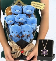 Kişiye Özel Büyük Boy 7'li Peluş Ayıcık Buketi ve Gerçek Ametist Taşlı Lotus Kolye (Model 5)