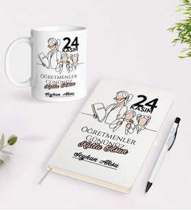 BK Gift Kişiye Özel İsimli Öğretmenler Günü Tasarımlı Defter Kalem Kupa Hediye Seti - 17, Öğretmene Hediye, Öğretmenler Günü
