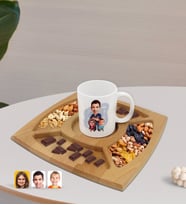 BK Gift Kişiye Özel Baba Kız Oğul Karikatürlü Beyaz Kupa ve Doğal Masif Ahşap 4 Bölmeli Sunum Tabağı Çerezlik Hediye Seti-1