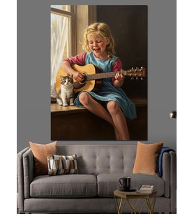 Gitar Çalan Kız Çocuk Dekoratif Kanvas - Mdf Ahşap Tablo