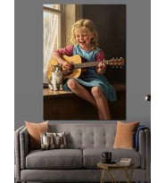 Gitar Çalan Kız Çocuk Dekoratif Kanvas - Mdf Ahşap Tablo
