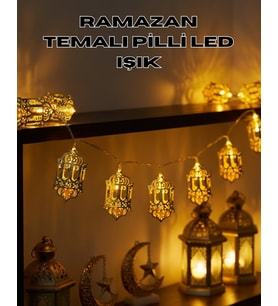 Pilli Ramazan Işıkları Altın Renk Fener Figürlü LED Süsleme