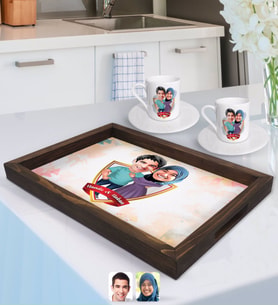 BK Gift Kişiye Özel İsimli Sevgililer Karikatürlü Doğal Ahşap Tepsi ve 2’li Kahve Fincan Seti-61