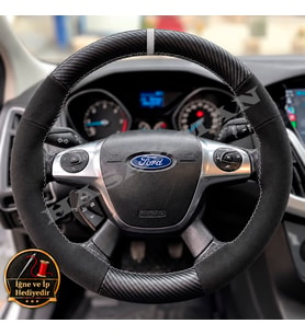 Ford Focus 3 Dikme Direksiyon Kılıfı Alcantara Süet Mat Karbon Gri Yüzük ve Dikiş 2011-2018