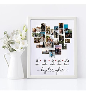 KİŞİYE ÖZEL TASARIM HEDİYE YIL DÖNÜMÜ KALPLİ  KOLAJ BEYAZ FOTOĞRAF ÇERÇEVESİ 21X30
