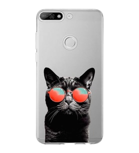 PrintiFy Huawei Y7 2018 ile Uyumlu 1mm Slim Fit Kedi 3 050d Baskılı Şeffaf  Kılıf