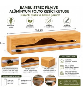 Doğal Bambu Streç Film ve Alüminyum Folyo Dispenser Kesici Kutusu, Asılabilir Mutfak Düzenleyici Organizer, Pratik Kesim ve Saklama Aparatı, Premium Dayanıklı Tasarım, 33,4 x 8 cm