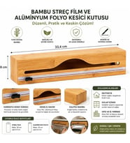 Doğal Bambu Streç Film ve Alüminyum Folyo Dispenser Kesici Kutusu, Asılabilir Mutfak Düzenleyici Organizer, Pratik Kesim ve Saklama Aparatı, Premium Dayanıklı Tasarım, 33,4 x 8 cm