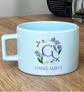 Kişiye Özel Çiçekli G Harfli Hediye Pastel Fincan İsim Soyisim Yazılı (Mavi)
