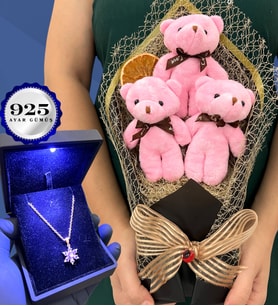 Büyük Boy Peluş Ayıcık Buketi ve Işıklı Kutusunda 925 Ayar Gümüş Lotus Kolye (Model 1)