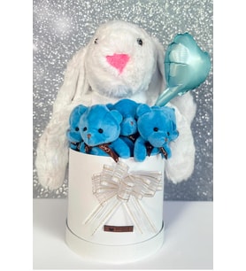 Özel Kututusunda; 45 cm Beyaz Jellycat Tavşan, 5'li Ayıcık ve Folyo Kalp Balonlu SET-Ayıcık Buketi