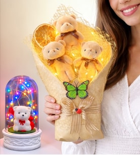 Premium Led Işıklı Büyük Peluş Ayıcık Buketi (Renkli Led Işıklı Beyaz Ayıcıklı Fanus Hediyeli)