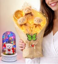 Premium Led Işıklı Büyük Peluş Ayıcık Buketi (Renkli Led Işıklı Beyaz Ayıcıklı Fanus Hediyeli)