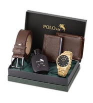 Polo Air Erkek Kol Saati Parfüm Cüzdan Kemer Kartlık Kombin Set PL-0918E (Gold)