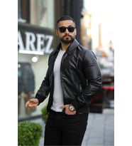 Polo Yaka Baharlık Süet Ceket (Siyah Deri)
