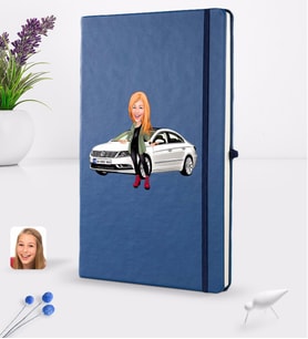 BK Gift Kişiye Özel Plakalı Kadın Volkswagen Passat Karikatürlü Lacivert Termo Deri Defter 16x24cm Model 1