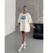 Unisex Bisiklet Yaka Baskılı Oversize T-Shirt - Beyaz