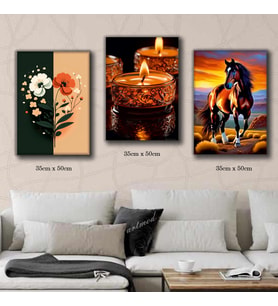 çiçek renkli at mum tablosu 3 adet 35cmx50cm kumaş baskılı canvas tablo