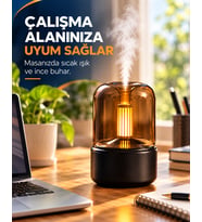 Mum Alevi Efektli Aroma Difüzör Dekoratif Hava Nemlendirici Sıcak Işıklı Dokunmatik Tuşlu Masaüstü Buhar Makinesi Siyah