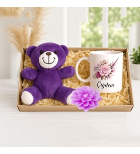 Kişiye Özel Lotus Çiçeği Kupa Bardak Lotus Mum & Mor Ayıcık Kutulu Hediye Seti