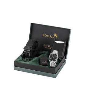 Polo Air Takvimli Hasır Metal Kordon Erkek Kol Saati, Mıknatıslı Otomatik Mekanizmalı Cüzdan, Örgü Kemer Ve Çakmaklı Set Gümüş Siyah Renk PL-7096E3