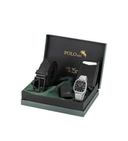 Polo Air Takvimli Hasır Metal Kordon Erkek Kol Saati, Mıknatıslı Otomatik Mekanizmalı Cüzdan, Örgü Kemer Ve Çakmaklı Set Gümüş Siyah Renk PL-7096E3