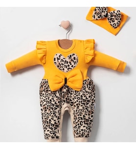 3-9 Ay Kız Bebek Tulum Leopar Fiyonklu Sarı