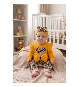 3-9 Ay Kız Bebek Tulum Leopar Fiyonklu Sarı