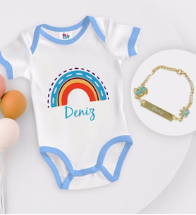 BK Kids Kişiye Özel İsimli Mavi Bebek Body Zıbın ve Erkek Bebek Künyesi Hediye Seti-2