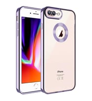 Apple iPhone 8 Plus Kılıf Logo Yeri Açık Kamera Lens Korumalı Renkli Kenarlı Şeffaf Silikon (Lila)