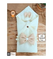 Ekru & Tavşan Kulaklı Bebek Battaniyesi - %100 Pamuklu Mevsimlik Bebek Kundağı