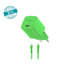 Ttec SmartCharger GAN 20W PD Seyahat Hızlı Şarj Aleti + USB-C - Lightning 120cm Kablo Neon Yeşil