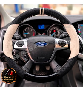 Ford Kuga Mk2 Dikme Direksiyon Kılıfı Delikli Deri Parlak Siyah Bej Detay Çift Yüzük ve Dikiş 2012-2019