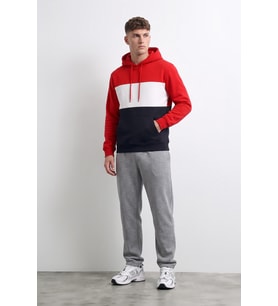 Erkek Kapüşonlu Cepli İçi Polarlı Parçalı Kırmızı Sweatshirt