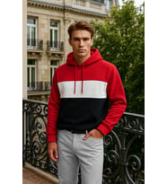 Erkek Kapüşonlu Cepli İçi Polarlı Parçalı Kırmızı Sweatshirt