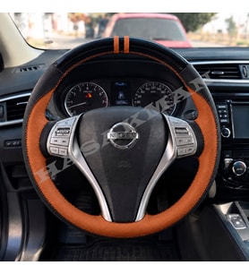 Nissan Qashqai Dikme Direksiyon Kılıfı Parlak Siyah Taba Detaylı Taba Çift Yüzük ve Dikiş 2013-2017