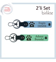 Köpek Sahibi Sevgiliye Uygun Hediyelik, Pati ve Kalp Temalı Deri Set, Gök Mavi-Açık Yeşil