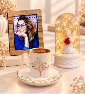 Kişiye Özel Fotoğraflı Hayat Ağacı Desenli Porselen Kahve Fincanı ve LED Beyaz Melekli Fanus