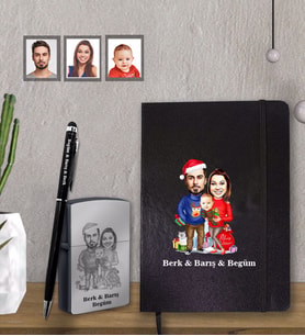 Kişiye Özel Yılbaşı Aile Karikatürlü Siyah Defter Kalem Çakmak Hediye Seti Model-3 (Model 1)