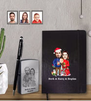 Kişiye Özel Yılbaşı Aile Karikatürlü Siyah Defter Kalem Çakmak Hediye Seti Model-3 (Model 1)