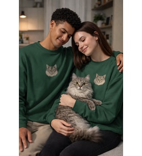 Maine Coon Kedi Desenli Çift Sweatshirt – Unisex Sevgili Kombini (Koyu Yeşil)