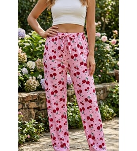Büyük Beden Tek Alt Pijama Yumuşak Milan Kumaş İpli Bel Pembe Vişne Baskılı Meyve Loungewear Pantolon