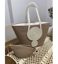 Hasır Çanta Jüt İp Özel Dikiş Günlük Kullanım 48 Cm Çanta Ve Cüzdan Seti