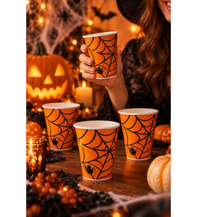 Halloween Cadılar Bayramı Örümcek Ağı Desenli Turuncu Karton Bardak 240 cc 8'li Parti Seti